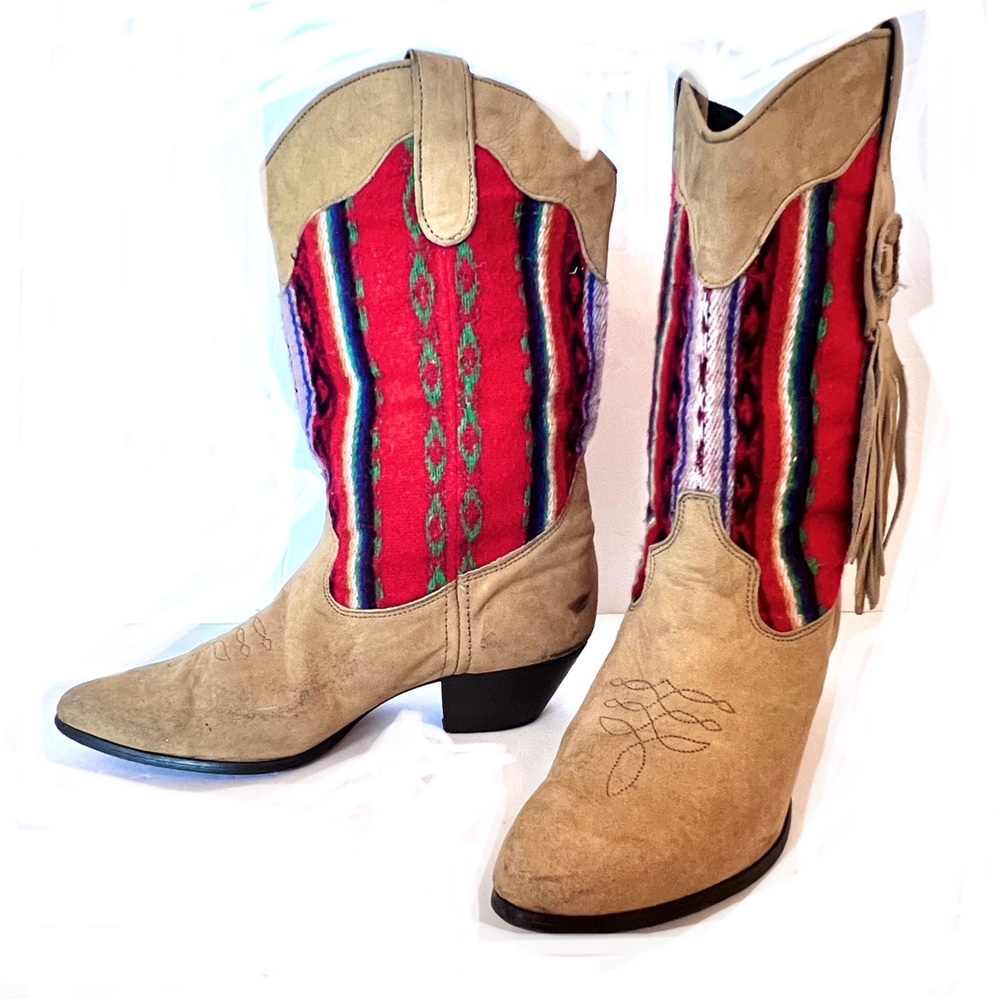 Laredo Cowboy Boots Western Tex Mex Buckskin Leather Woven Serape Fringe size 8